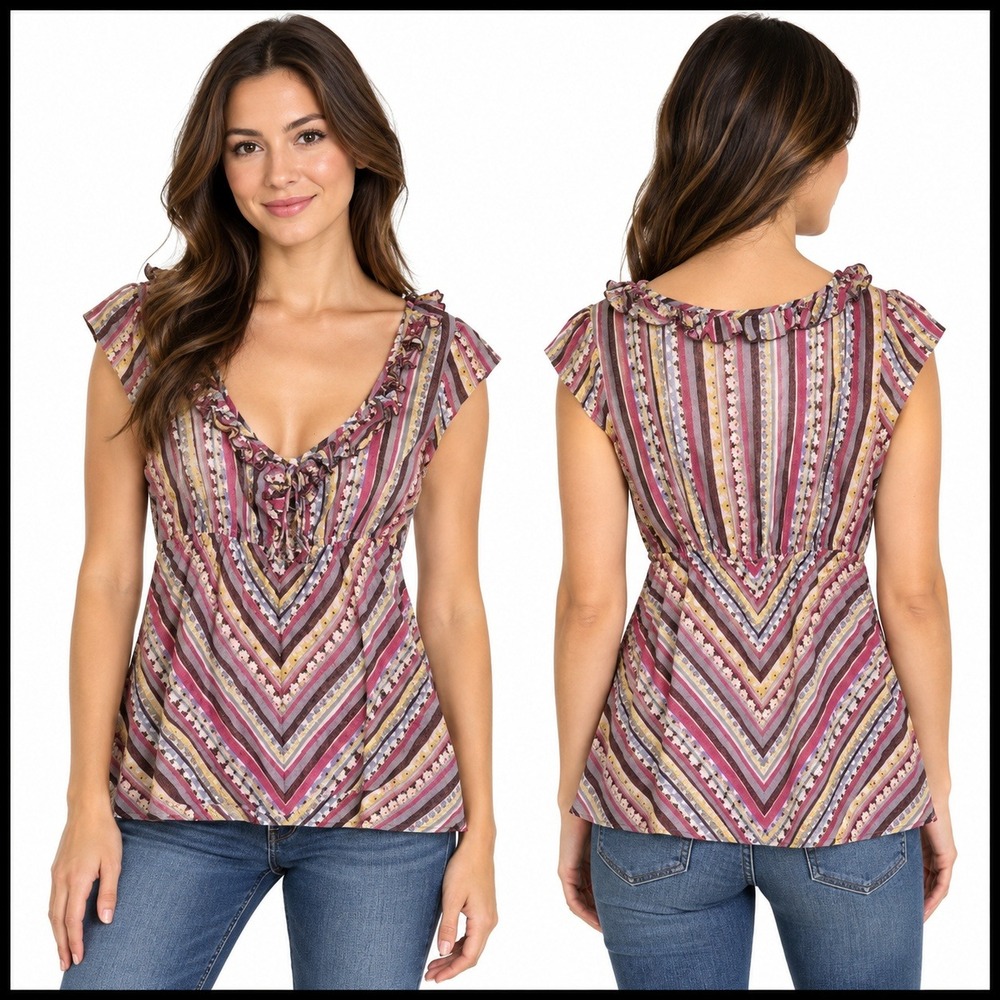 Lucky‎ Brand Top Blouse V-Neck Striped Floral Ruffle S Small Tie Front